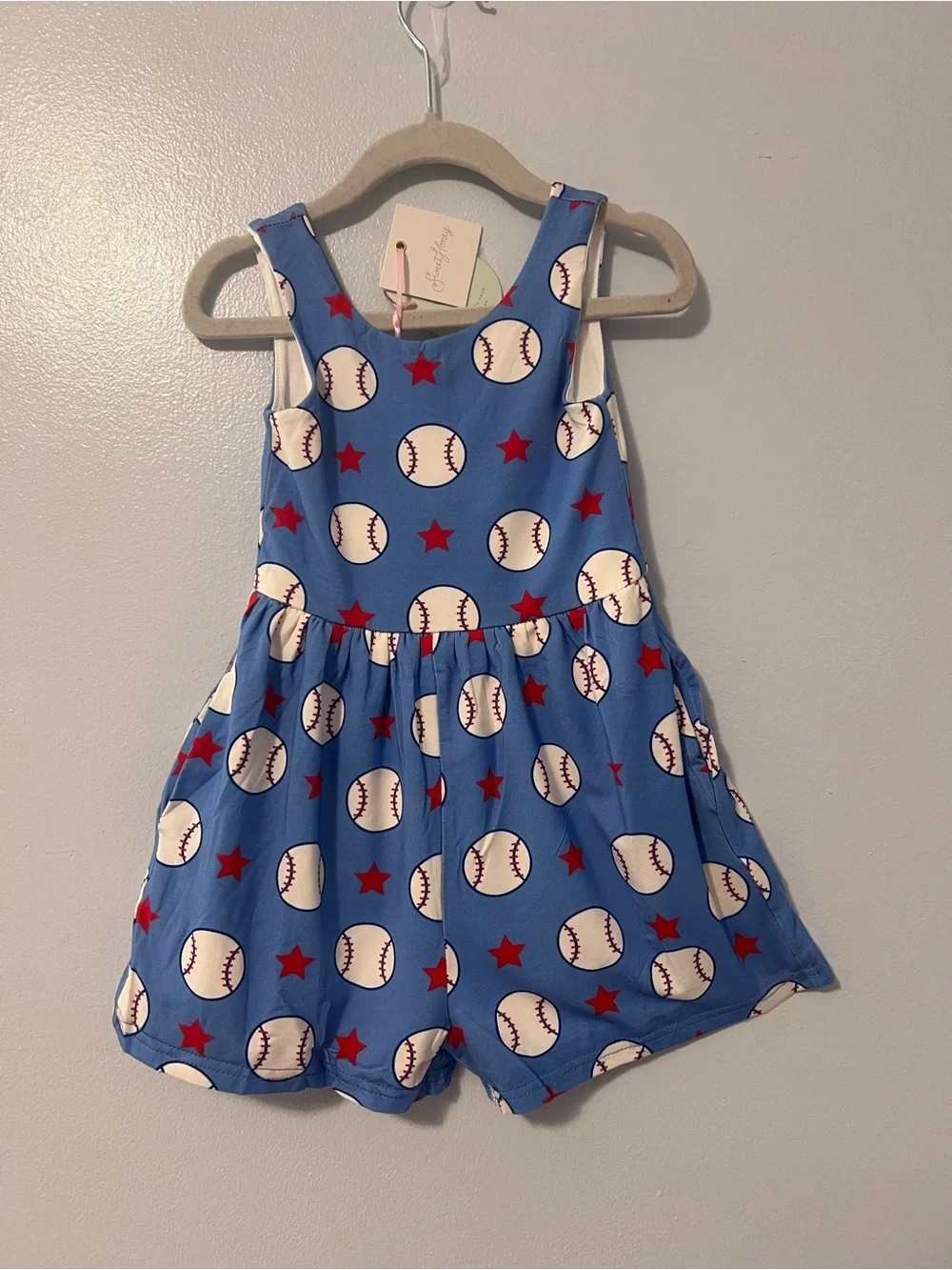 SweetHoney Blue Romper with Baseballs + Red Stars-NWT-3T